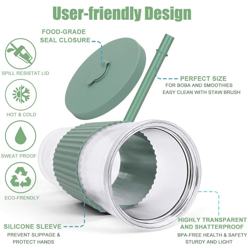 UHAPEER 2 Pack Reusable Boba Tea Cups, 24oz Iced Coffee Cup with Straw and Lid, Leakproof Clear Plastic Cups Tumbler, Double Wall Insulated Smoothie Tumbler, Wide Straw for Bubble Tea, Cinnamon&Olive - Image 3